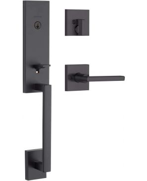 Kwikset 98180-015 Vancouver - Manija frontal de perfil bajo con interior de palanca de puerta Halifax elegante y moderno con seguridad SmartKey, Moderno, Acero negro 